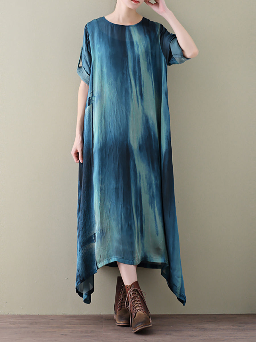 女性の夏の絞り染め旅行ルーズ不規則な裾のドレス