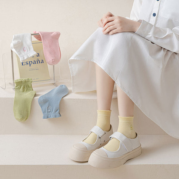 5 足の女性ソリッドフルーツ刺繍ソックス