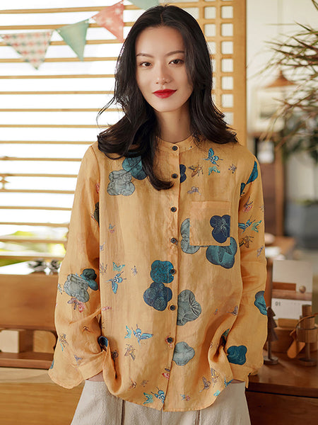 女性の春の中国風プリントラミーシャツ