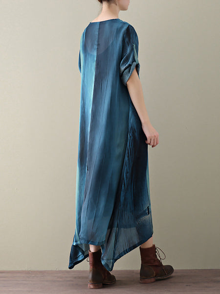女性の夏の絞り染め旅行ルーズ不規則な裾のドレス