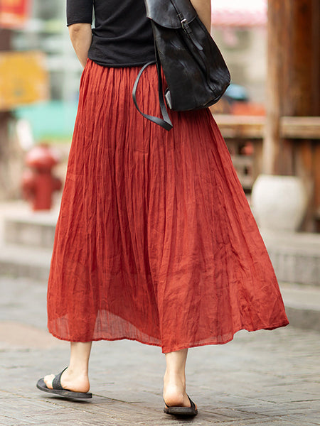 女性夏プリーツ薄い二層レッドラミースカート