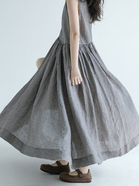 女性の夏のヴィンテージチェック柄プリーツルーズベストドレス