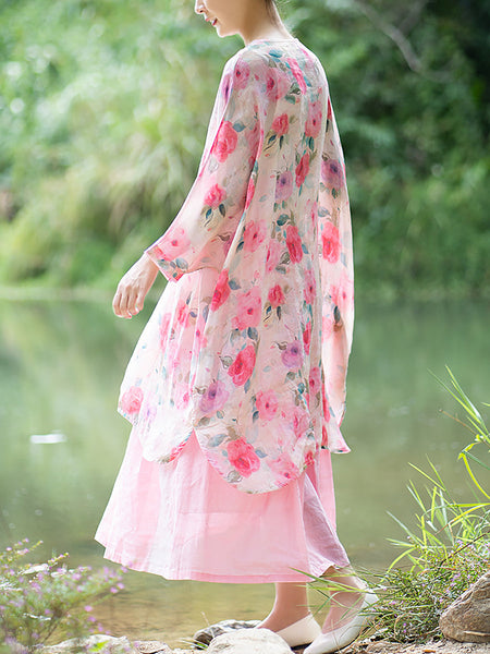 女性夏芸術家気フラワー巾着ボタンロングシャツ