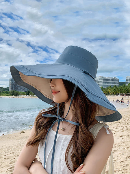 女性カジュアルソリッドつばの大きい旅行日焼け防止帽子