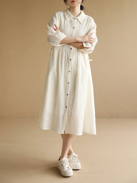 女性の夏の芸術的な固体巾着カーディガンコットンドレス