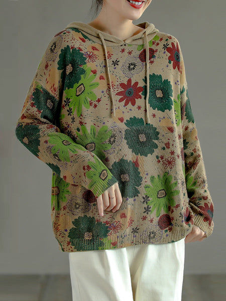 花柄パーカーニット秋の女性のルーズセーター