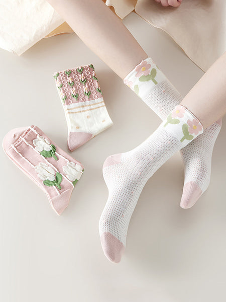 3 組の女性春の花ジャカード ロング ソックス