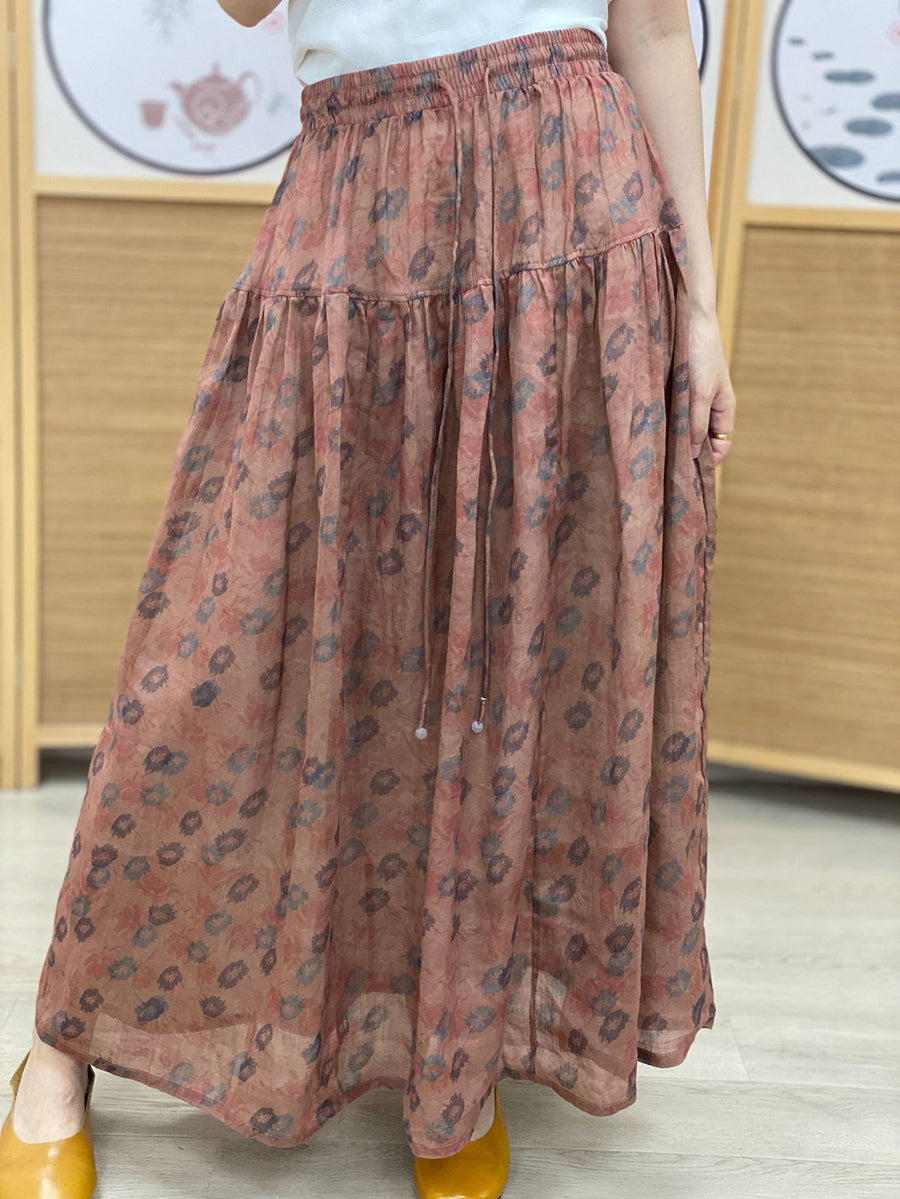 女性夏のフラワー二層スプライシング巾着スカート