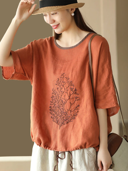 女性夏のヴィンテージツリー刺繍リネンシャツ