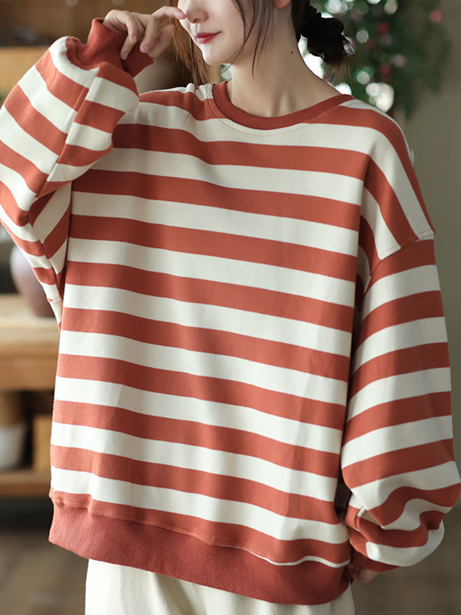 レディースカジュアルストライププルオーバールーズTシャツ