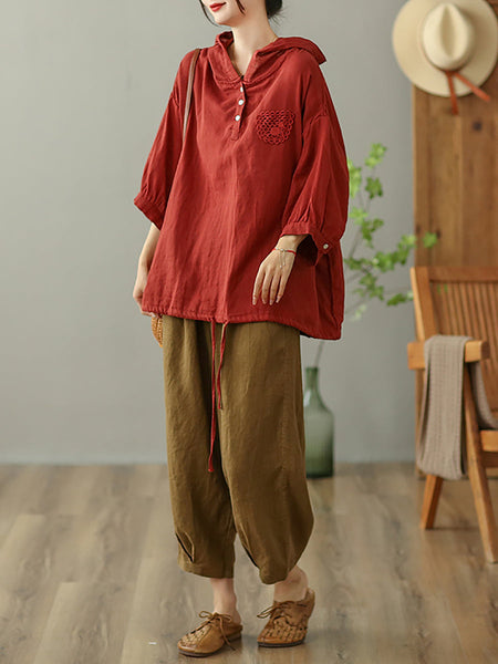 女性カジュアルソリッド刺繍巾着裾フード付きシャツ