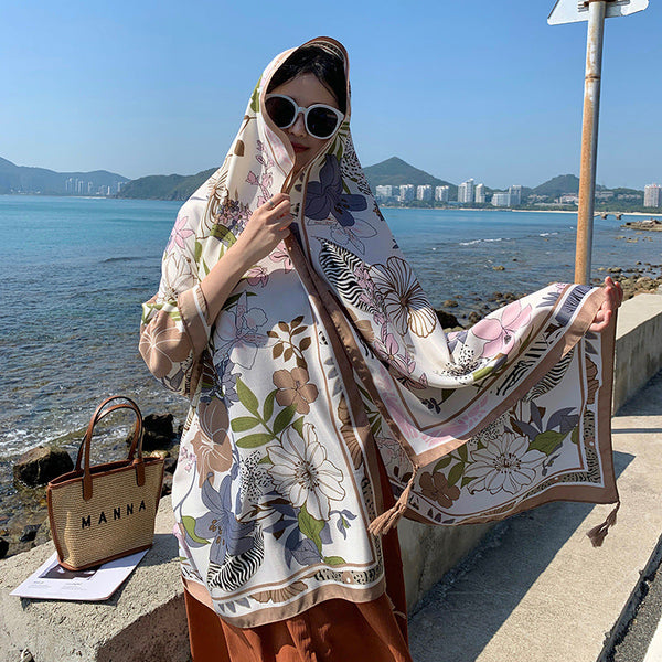 女性の夏の旅行フラワー日焼け止めショールスカーフ
