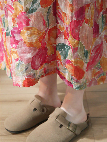 プラスサイズの女性の夏の芸術的なフラワー巾着ラミースカート