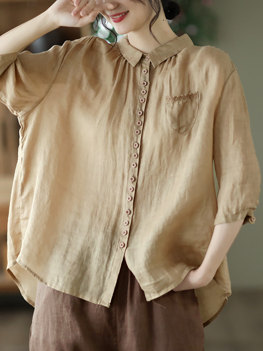 女性の春の芸術的なソリッドボタン刺繍ルーズシャツ