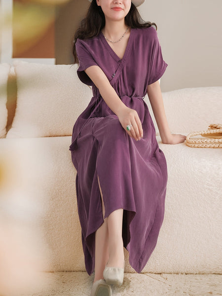 女性のエレガントなソリッド巾着 V ネックプリーツルーズドレス