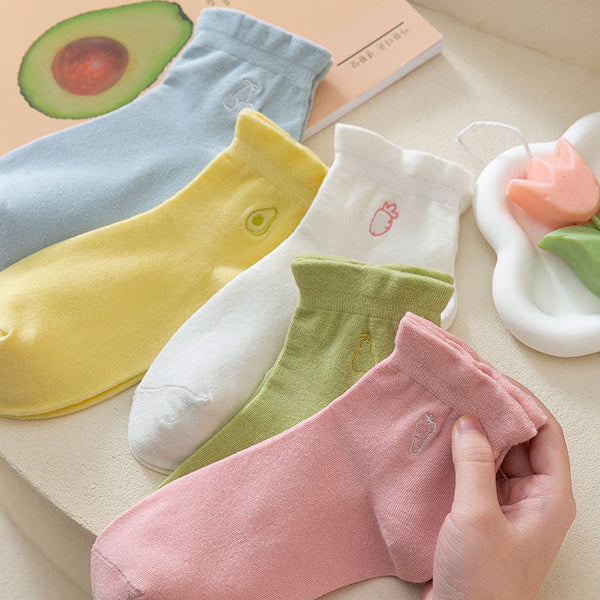5 足の女性ソリッドフルーツ刺繍ソックス