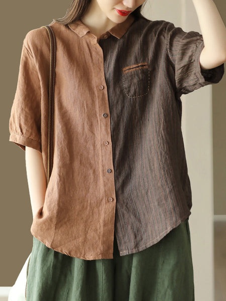 女性夏のレトロなボタンポケットスプライシング T シャツ