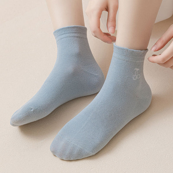 5 足の女性ソリッドフルーツ刺繍ソックス