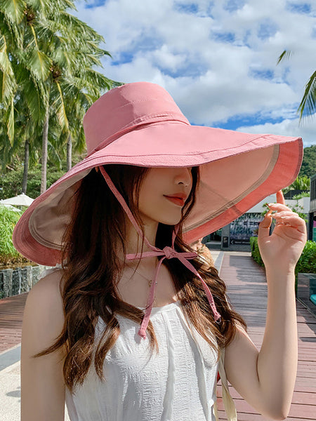 女性カジュアルソリッドつばの大きい旅行日焼け防止帽子