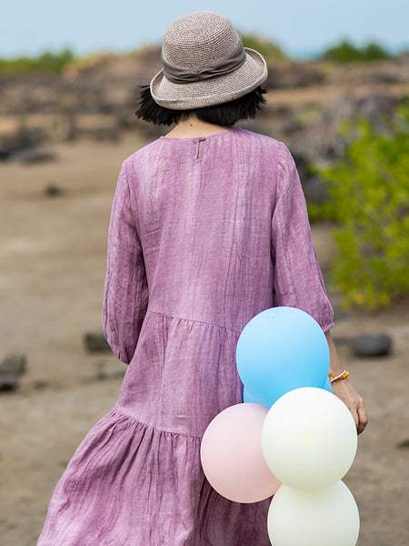 女性の夏のヴィンテージステッチプリーツソリッドドレス