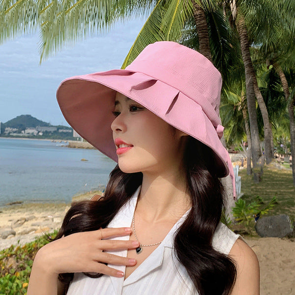 女性の夏の旅行固体日焼け防止巾着帽子