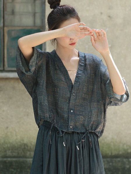 女性ヴィンテージ花柄調節可能な巾着裾ルーズシャツ
