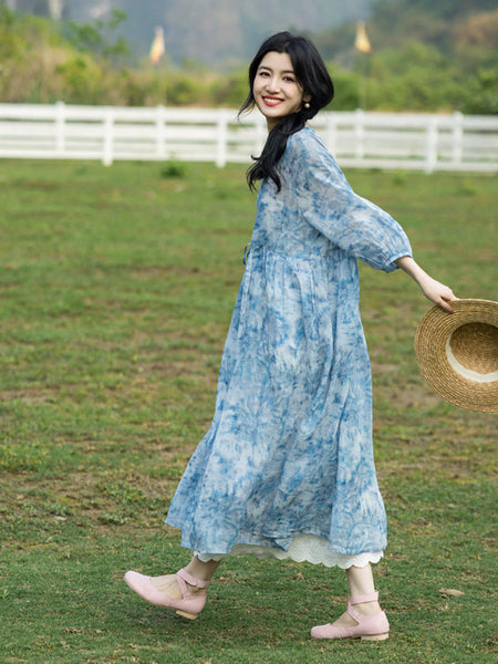 女性の芸術的な花柄プリーツ巾着 V ネック ルーズ Rmaie ドレス