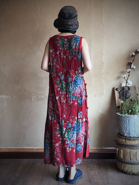 女性エスニックフラワースラントクロージャスプリットヘムベストドレス
