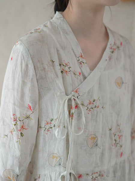 女性中国風花巾着ルーズシャツ