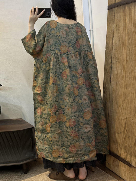 女性夏のレトロフラワールーズプリントラミードレス