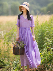 女性の夏のカジュアル固体レース編み巾着 V ネックドレス