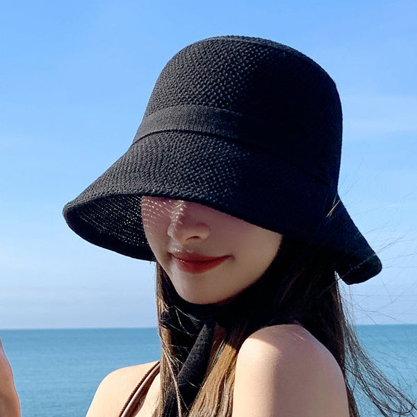 女性の夏の旅行日焼け防止巾着固体麦わら帽子