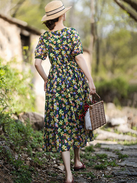 夏の女性のプレーリーシックな花柄ドローストリングルーズドレス