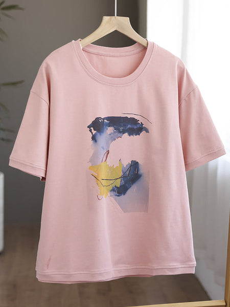 女性の夏のカジュアルプリントルーズコットンシャツ