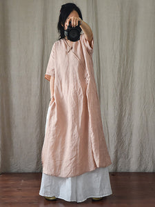 女性夏ソリッドボタン薄いラミーローブドレス