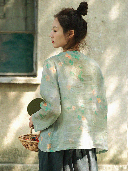 女性中国風カエルフラワープリントルーズシャツ