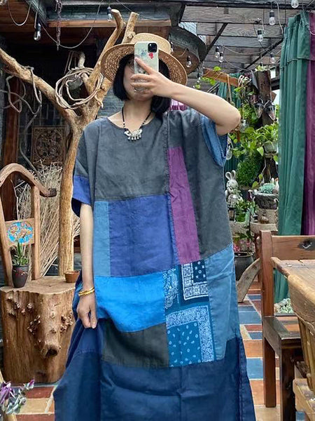 女性のレトロパッチ不規則なスプライシングルーズリネンドレス
