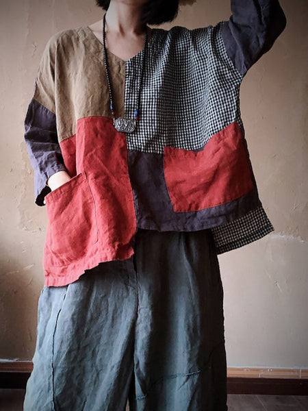 女性レトロパッチスプライスポケット不規則な裾ルーズシャツ