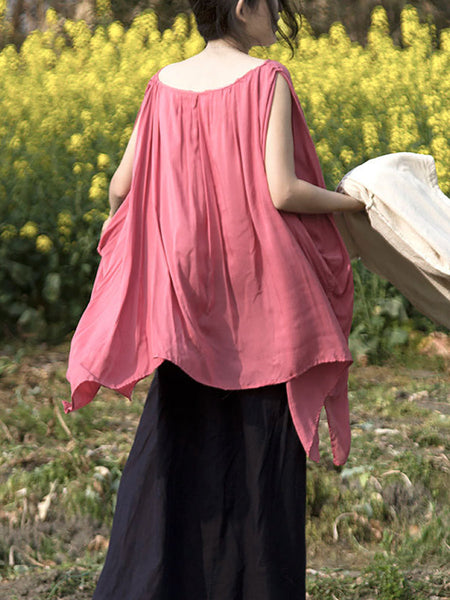 女性の夏の不規則な裾ショルダープリーツルーズシャツ