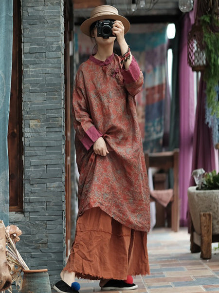 女性中国風プリントカエルスプライスロングドレス