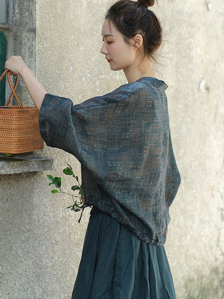 女性ヴィンテージ花柄調節可能な巾着裾ルーズシャツ