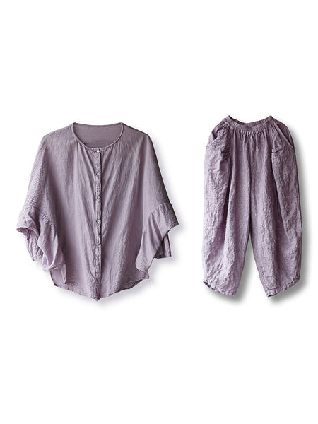 女性ヴィンテージ夏固体薄いボタンベスト + シャツ + パンツ