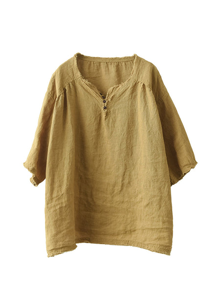 女性夏レトロ着用ソリッドボタンローエッジシャツ