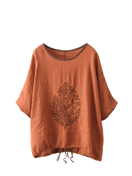 女性夏のヴィンテージツリー刺繍リネンシャツ