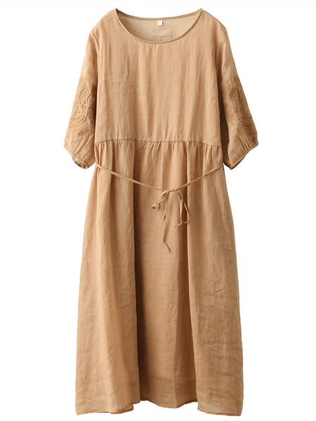 女性の夏のソリッド巾着刺繍ポケット二層ドレス