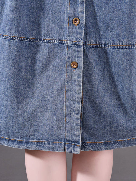 女性の夏のレトロなソリッドステッチポケットボタンデニムドレス