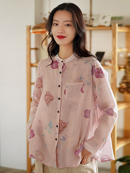 女性の春の中国風プリントラミーシャツ