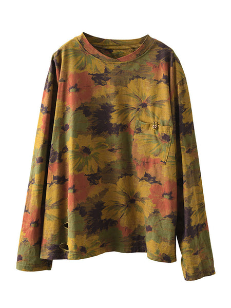 女性のヴィンテージプリントプルオーバールーズTシャツ
