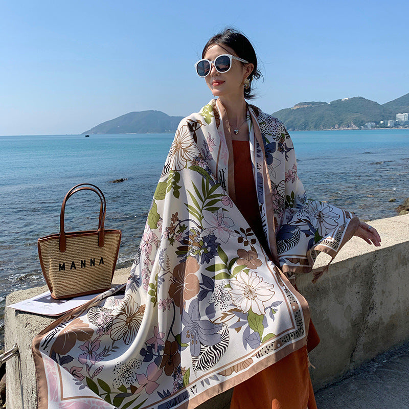 女性の夏の旅行フラワー日焼け止めショールスカーフ