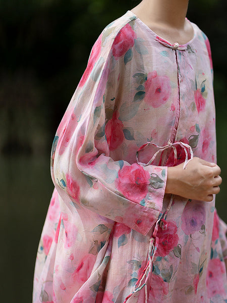 女性夏芸術家気フラワー巾着ボタンロングシャツ